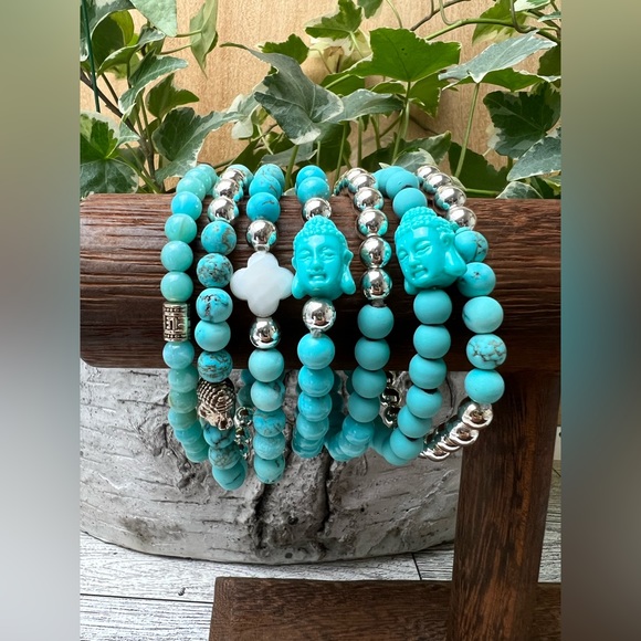 Turquoise Blue & Silver Buddha Bracelet Set -Stacked Bracelet Bead Bracelet Set - Picture 3 of 16